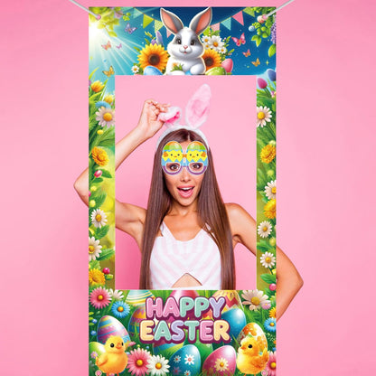 Lucleag Easter Photo Booth Props & Frame Banner Set, 30Pcs Cute Bunny Egg Photo Props & 1Pcs Selfie Frame Photos Banner Photo Accessories for Easter Spring Decoration Party Supplies