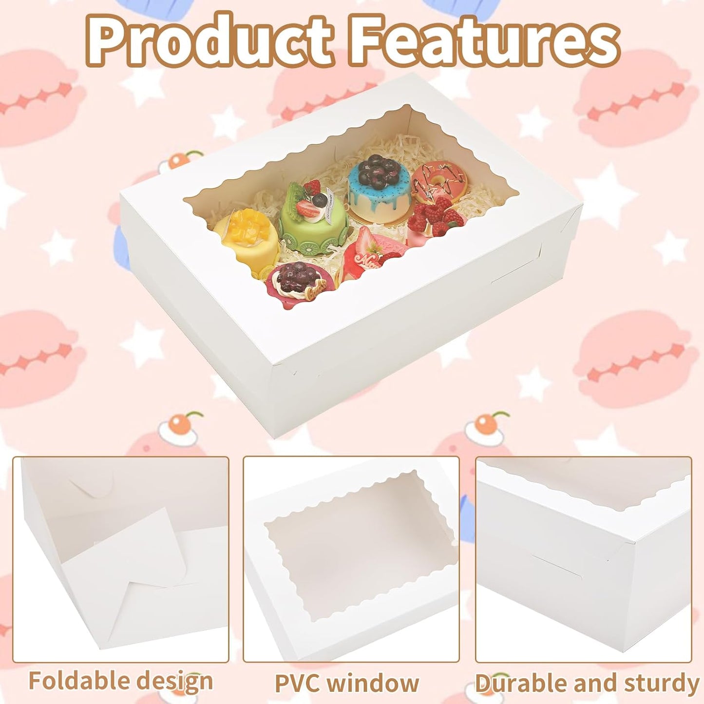 12 Sets 14x10x4 Inch White Bakery Boxes Half Sheet Cake Boxes with Window, Large Treat Boxes for Pastry Baking Cake Donuts Cupcake Pie Packaging