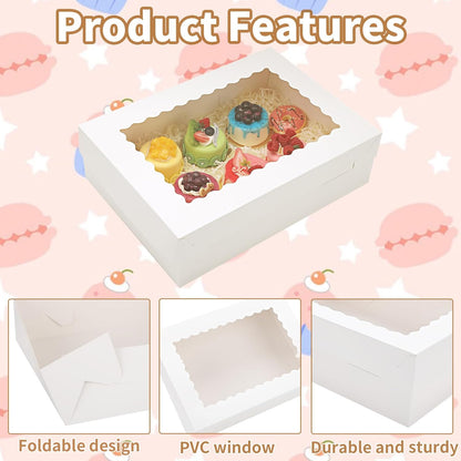 12 Sets 14x10x4 Inch White Bakery Boxes Half Sheet Cake Boxes with Window, Large Treat Boxes for Pastry Baking Cake Donuts Cupcake Pie Packaging