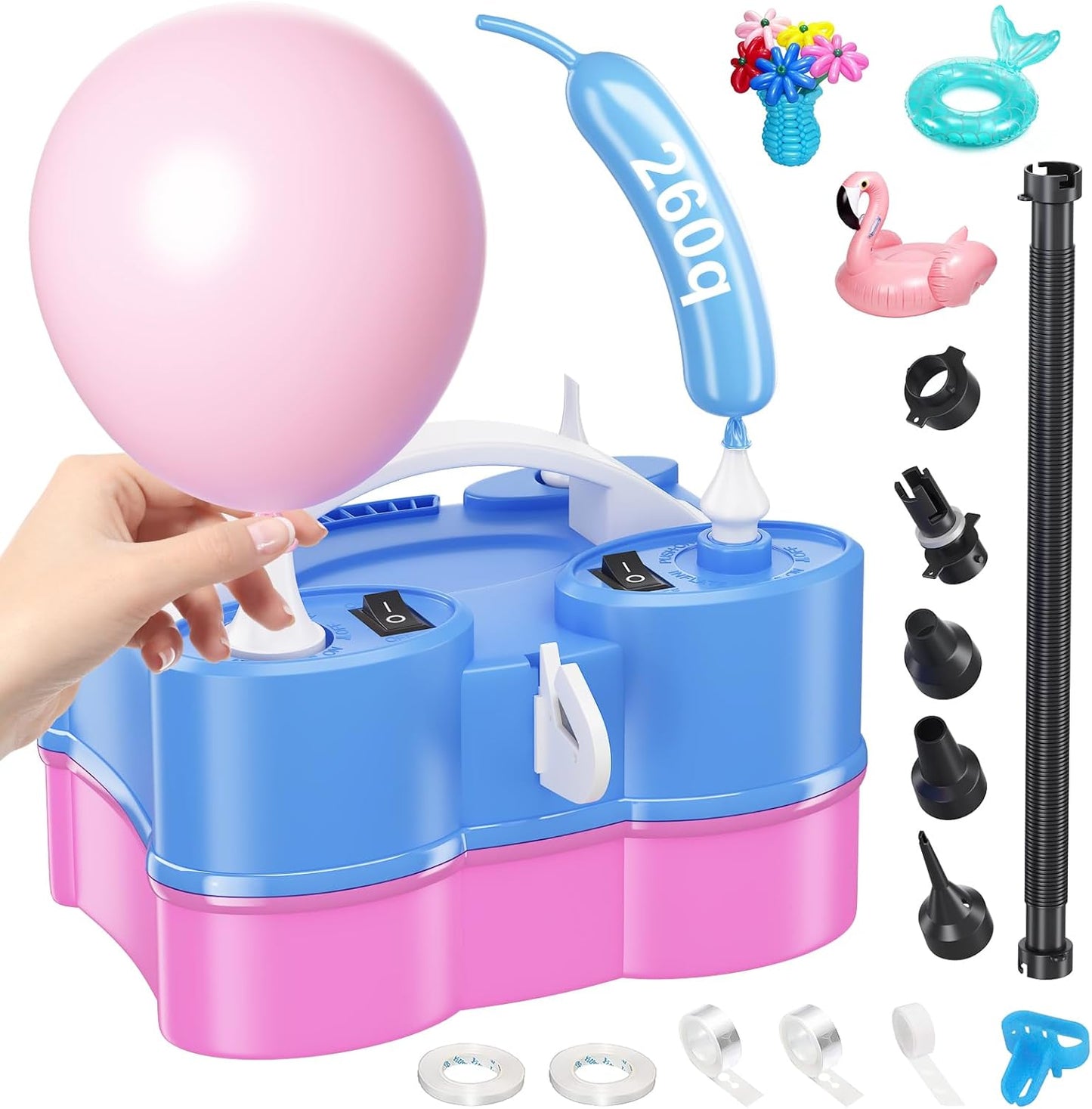 Electric Balloon Pump, Dagelar 3-in-1 Air Pump for Inflatables and Balloons, Portable Balloon Pump for Latex 260Q Long Foil Balloons, 110V Dual Nozzle Inflator Deflator for Pool Floats Air Beds (Teal)