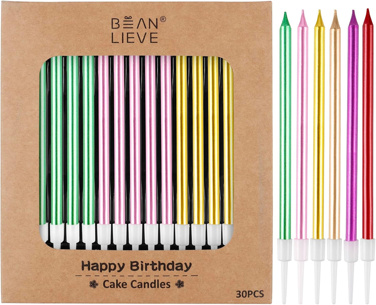 BEAN LIEVE 30-Count Champagne Gold Long Thin Metallic Birthday Candles, Cake Candles, Birthday Parties, Wedding Decorations, Party Candles, Cake Decorations