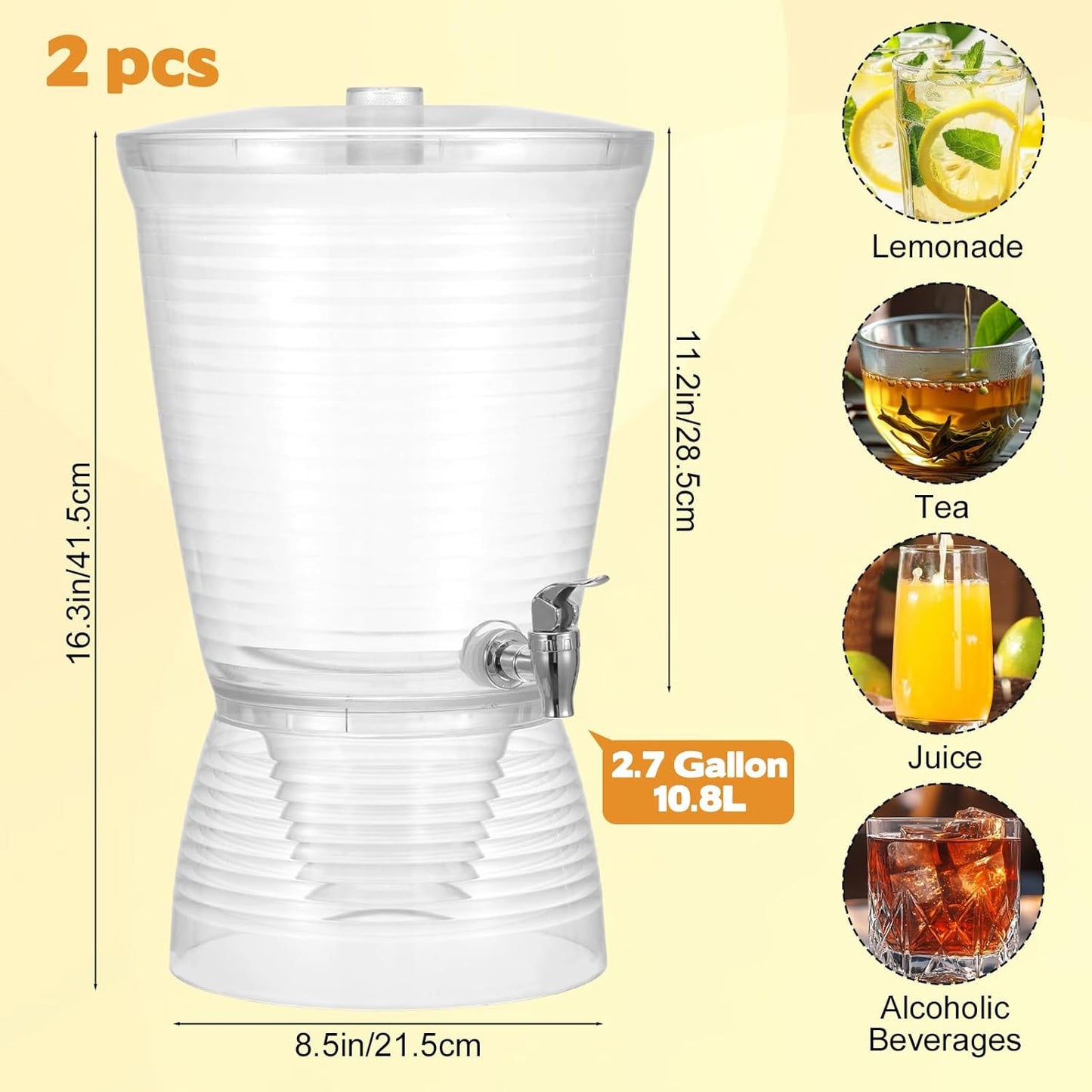 2 Pcs Beverage Dispenser with Spigot 2.7 Gallon/ 10L Plastic Drink Dispenser with Detachable Base Iced Juice Container Drink Dispenser Unbreakablefor Restaurants, Hotels, Parties
