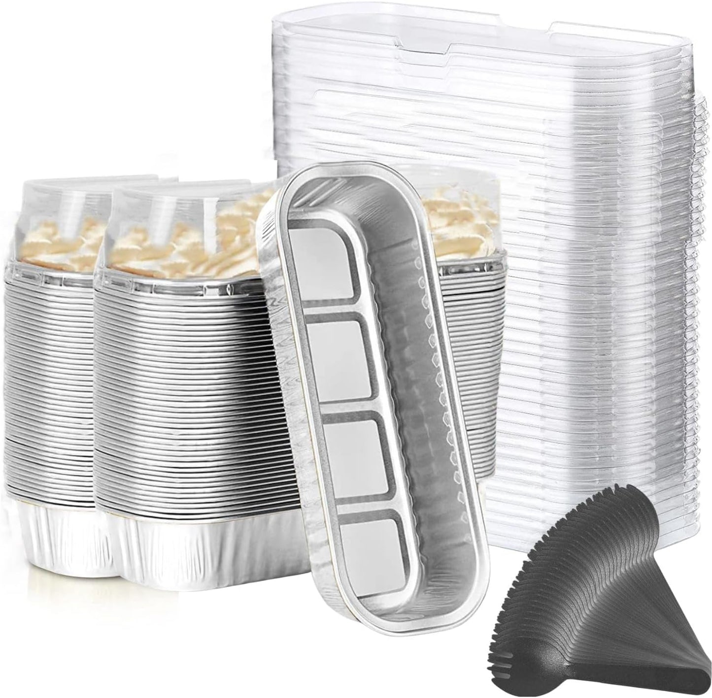 Findful Mini Loaf Baking Pans with Lids and Spoons (50 Pack, 6.8oz) Rectangle Aluminum Foil Baking Pans Tins Containers - Cupcake Containers Wrappers Cheesecake Creme Brulee Ramekins