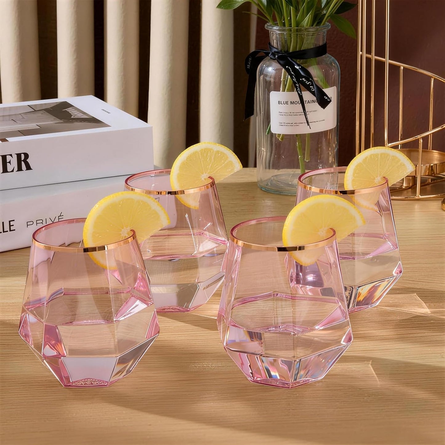 Goodluck 40 PCS Diamond Stemless Plastic Wine Whiskey Glasses, 12 Oz Disposable Cocktail Glasses, Suitable for Weddings, Birthday Parties, Family Gatherings, Bars, etc （Gold rimmed cups）