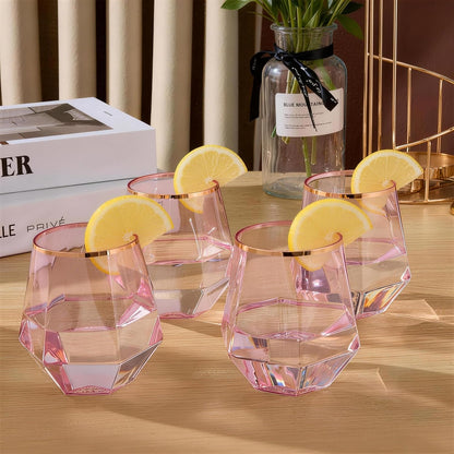 Goodluck 40 PCS Diamond Stemless Plastic Wine Whiskey Glasses, 12 Oz Disposable Cocktail Glasses, Suitable for Weddings, Birthday Parties, Family Gatherings, Bars, etc （Gold rimmed cups）