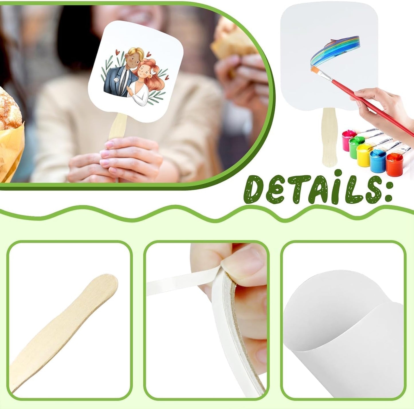 94 Pcs Church Fans Handheld Set, 60 Cardstock Paper Fans with 30 Wavy Wooden Sticks and 4 Rolls of Double-Sided Tape, Handheld Blank White Cardstock for DIY Crafting Painting Custom Fans