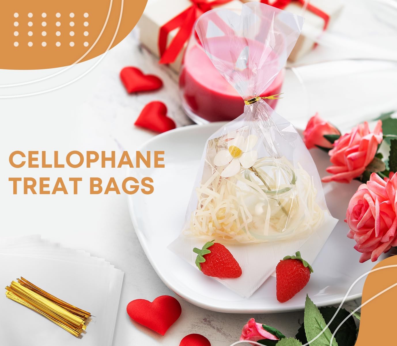 SUREHOME Cellophane Bags, 100 Pack Clear Gift Bag Cellophane Treat Bags with Ties 6x10 Inch Plastic Small Cello Candy Bag for Birthday Party Favors Goodie valentines Cookies Bakery Snack Popcorn Wraps