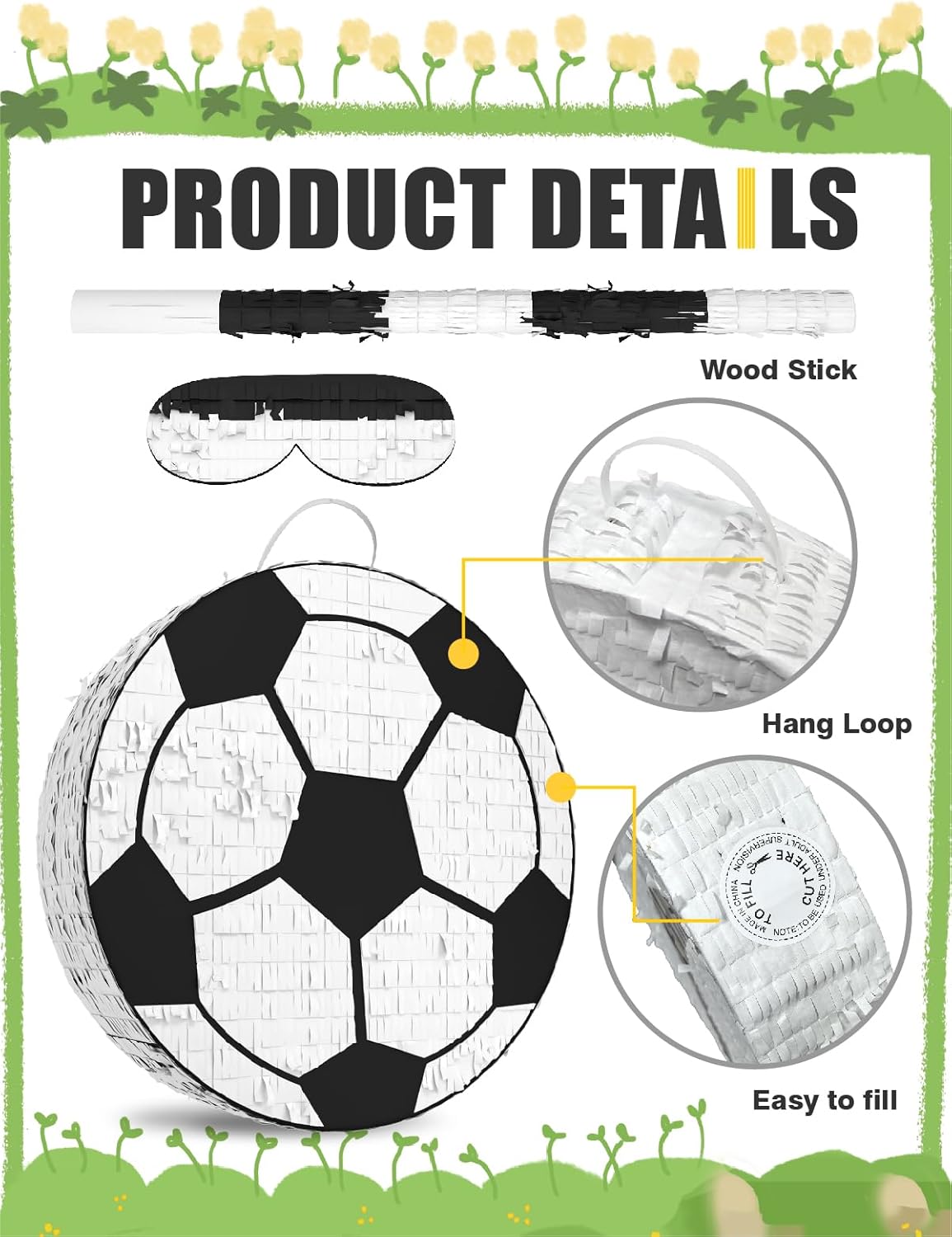 Soccer Piñata – Includes Wooden Stick, Blindfold, and Confetti – 13"x13"x3" – Perfect for Sports Party Decorations and Soccer Pinatas for Birthday Party