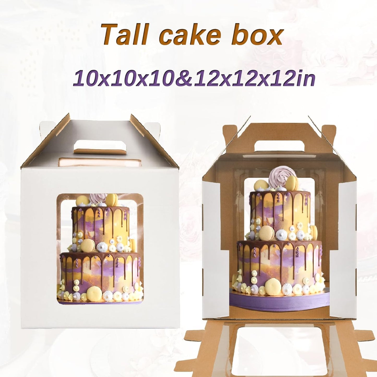 3 Pack 12in Tall Cake Boxes for Tier Cakes, 12x12x14 Inch Tiered Cake Box,Tall Cake Carrier with Window, 10in 12in Large Tierd Bakery Take Out Transport Containers with Handle