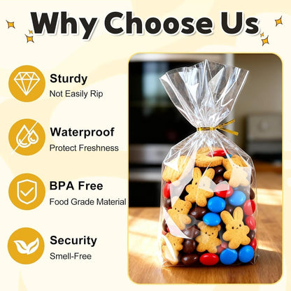 PigPotParty Cellophane Treat Bags 6x9 Inch, 50 Pack Clear Goodie Bags with Bottom Gusset for Stand-Up Display, Small Plastic Gift Wrap for Cookies, Candy, Party Favors, Popcorn, Includes 50 Gold Ties