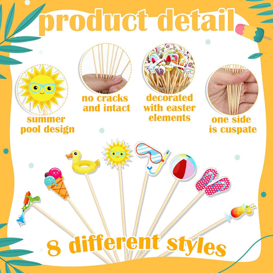 Rtteri 200 Pcs Summer Pool Beach Cocktail Picks Hawaiian Cocktail Picks Cocktail Bamboo Picks Centerpiece Sticks Beach Birthday Party Cocktail Toothpicks for Drinks Holiday Appetizers Table Supplies