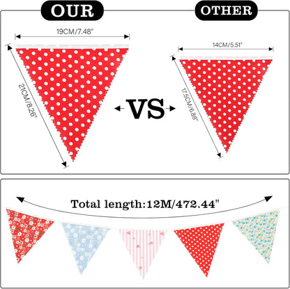 G2PLUS 39Ft Triangle Bunting Banner, 42Pcs Pink Floral Garland Pennant Banner, Reusable Cotton Triangle Flags Party Decoration for Birthday, Wedding, Garden Tea Party, Baby Shower, Room Decor