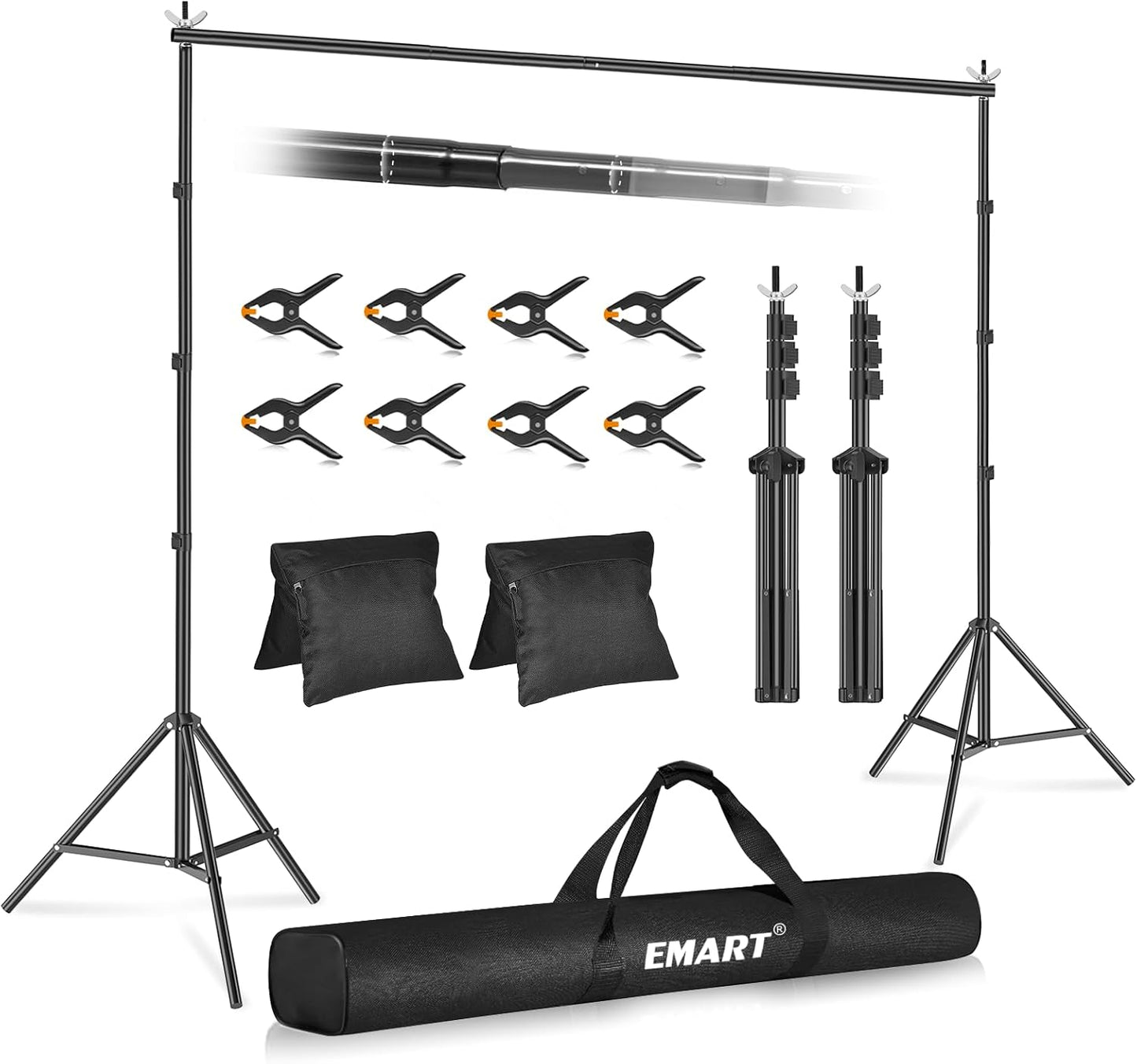 EMART Backdrop Stand 10x7ft(WxH) Photo Studio Adjustable Background Stand Support kit with 2 Crossbars, 8 Clamps, 2 Sandbags and Carry Bag for Parties, Events Decoration, Wedding, Photography -White