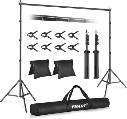 EMART Backdrop Stand 10x7ft(WxH) Photo Studio Adjustable Background Stand Support kit with 2 Crossbars, 8 Clamps, 2 Sandbags and Carry Bag for Parties, Events Decoration, Wedding, Photography -White
