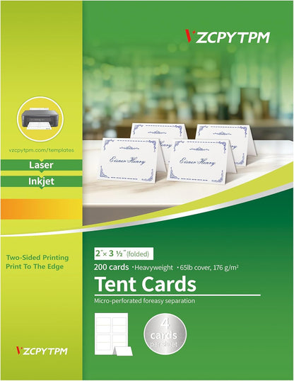 100 Tent Cards,Printable Place Card for Table Setting,2.5x8.5 Inch,Name Cards for Laser or Inkjet Printers,Wedding,Dinner Party,Buffet,50 Sheets
