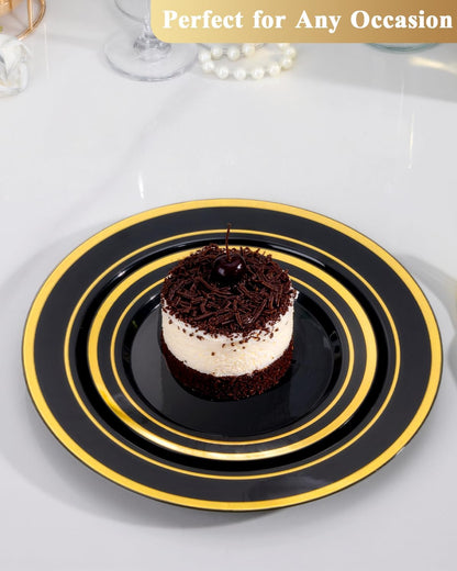 Goodluck 200PCS Gold Plastic Plates, Heavy Duty Disposable Gold Plates with 100 10.25 inch Dinner Plates and 100 7.5 inch Dessert Plates for Party, Holiday, Wedding, Thanksgiving
