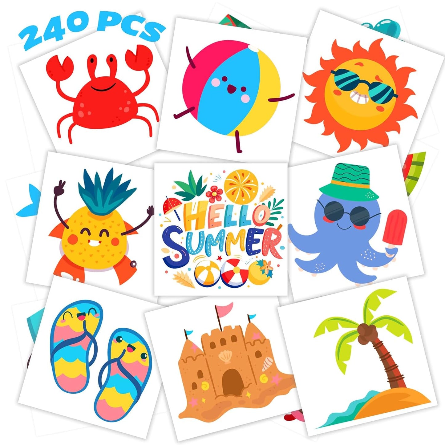 winthrop 240 Pcs Bulk Summer Temporary Tattoos for Kids, Individually Wrapped Safety Waterproof Tattoos, Best Choice for Hawaiian Luau Party Pool Beach Party Favors Classroom Matching Game, 60 Designs