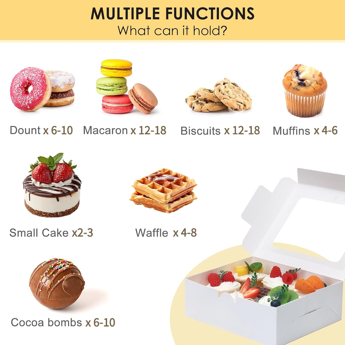 TOMNK 30pcs Cookie Boxes, 8x6x2.5 Inches 3 Style Windows Treat Boxes with Window for Treats, Chocolate Covered Strawberries, Muffins, Donuts