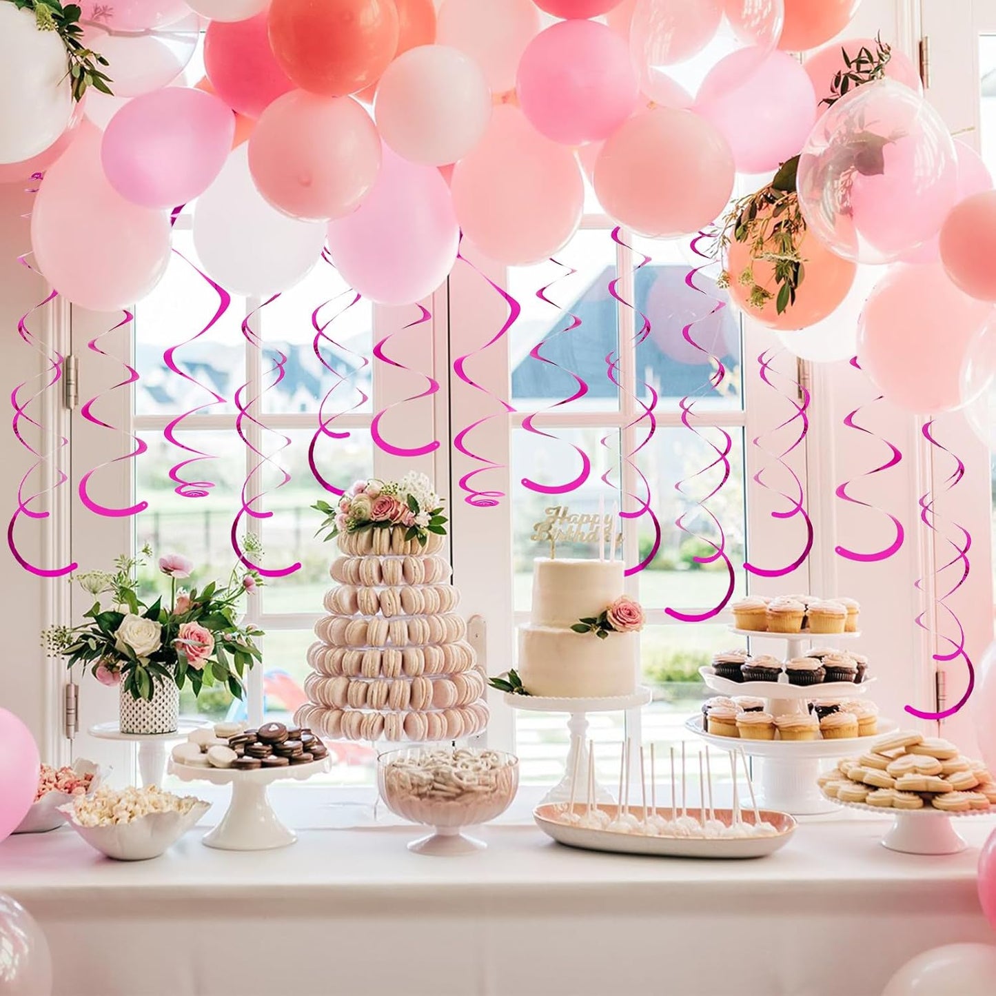24 PCS Pink Hanging Swirl, Sparkle Ceiling Hanging Decorations, Plastic Streamer Party Decorations with Double-Swirls and Single-Swirls for Birthday Decorations, Easter, Graduation, Baby Shower