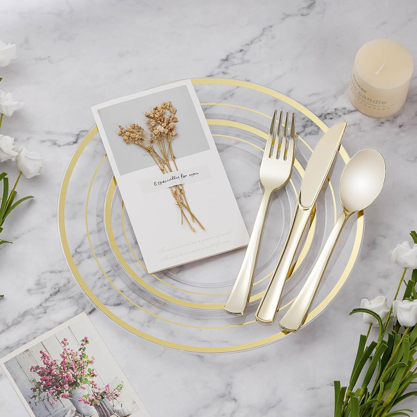 BESTVIP 200PCS Gold Plastic Plate, Disposable Party Plates with 100 Dinner Plates and 100 Dessert Plates, Plastic Plates for Party, Wedding and Birthday