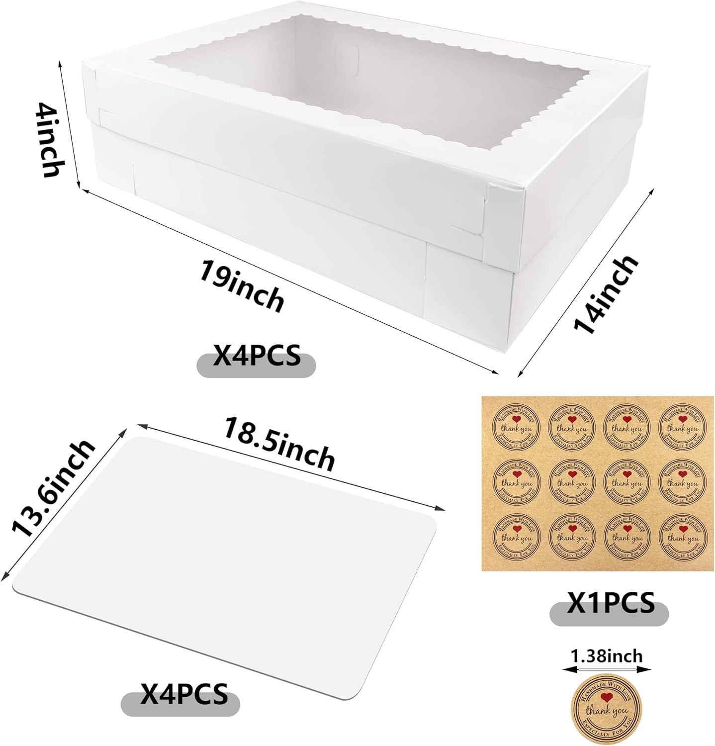 MUMULULU 4 PCS 19x14x4 Inch Cake Boxes with Cake Board White Sheet Rectangular Bakery Boxes with Window for Donuts Cookies Dessert Cupcakes Pastry Baking Pie Packaging