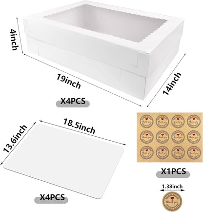 MUMULULU 4 PCS 19x14x4 Inch Cake Boxes with Cake Board White Sheet Rectangular Bakery Boxes with Window for Donuts Cookies Dessert Cupcakes Pastry Baking Pie Packaging