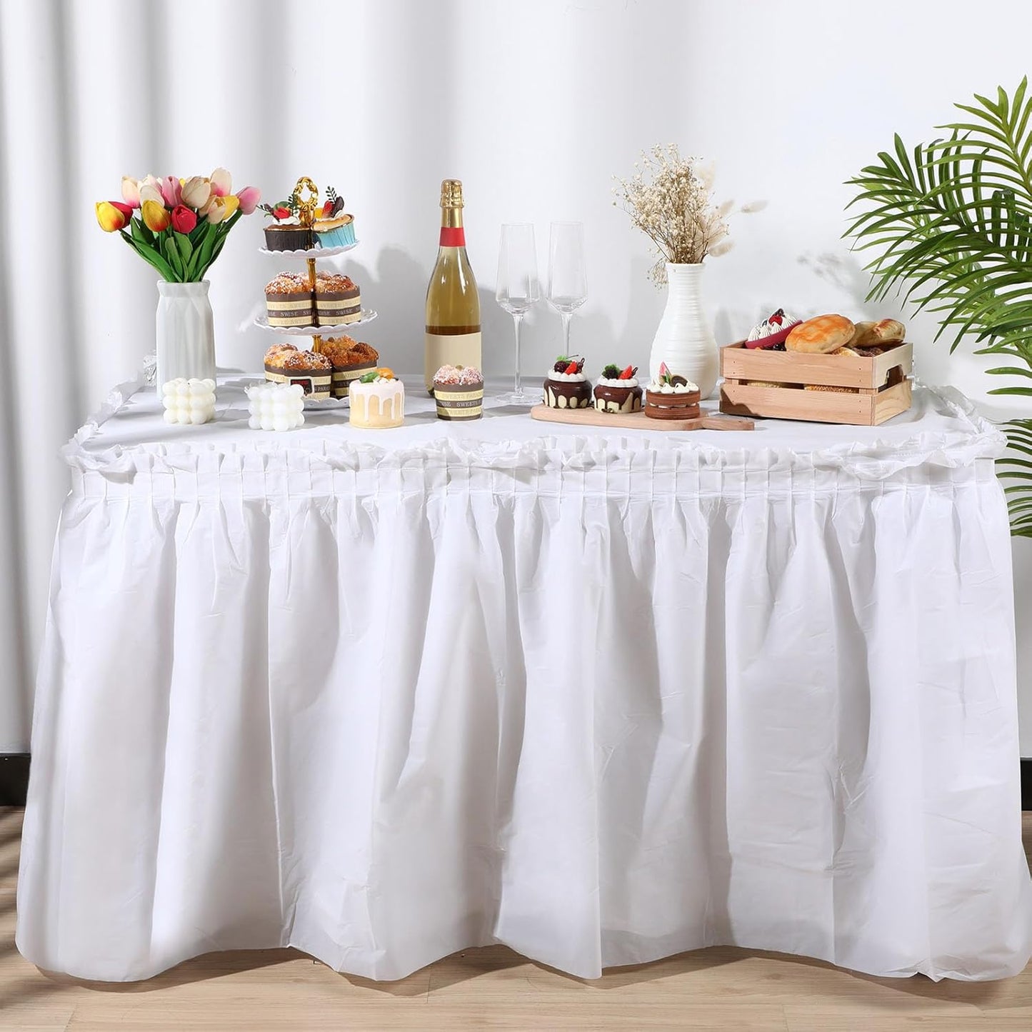 Oudain 6 Pcs Plastic Table Skirts and Stainproof Table Cloths 54 x 108 in Plastic Ruffle Tablecloth 168 x 29 Inches Disposable for Wedding Baby Shower Valentine Spring Easter Party(White)