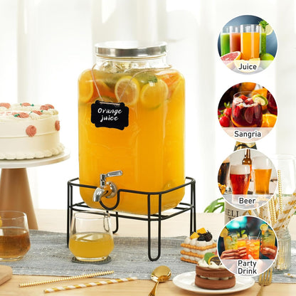 Bululuo Glass Drinks Dispenser for Parties, 2 PACK 1 Gallon Beverage Dispenser with Stand for Juice and Iced Tea, Water Jug Dispenser for Lemonade, Party Essential Beverage Pitcher with Spout