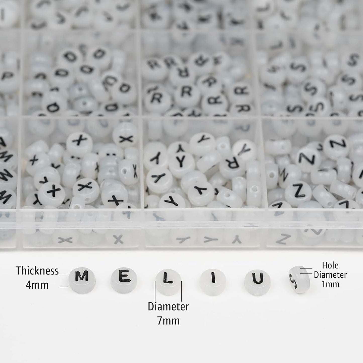 Melius 1450Pcs Acrylic Glow Letter Beads, Alphabetical Glowing in The Dark Beads in 28 Grid Box for Jewelry Making, DIY Bracelets, Necklaces, Key Chains (Glowing, 4x7mm)