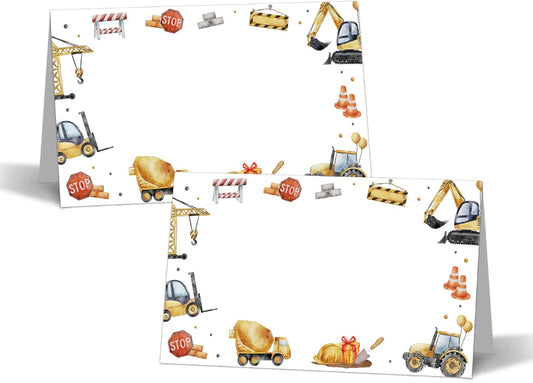 Construction Table Place Cards - 25PCS Tent Cards - Dump Truck Themed Food Lables - Name Place Cards for Table Setting - Name Cards for Birthday Party Baby Shower - Scored for Easy Folding -02