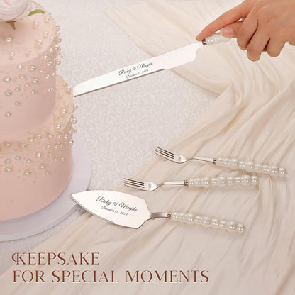 Pearl Wedding Cake Knife and Server Set with Forks, Cake Cutting Set with Stainless Steel Serrated Edges, Silver Pie Cutter Pizza Spatula, Gift for Bridal Couples Engagement (Mr & Mrs)