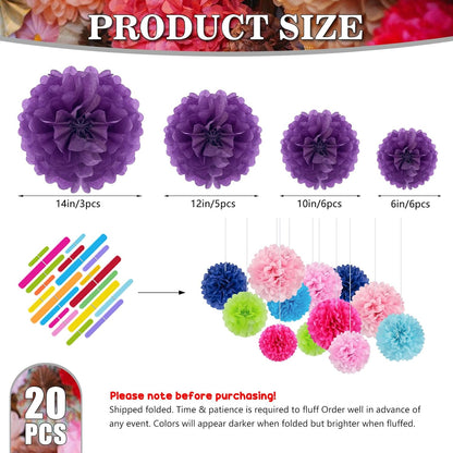 Tissue Paper Pom Poms, Pink Tissue Paper Flowers, Hanging Flower Balls for Weddings Fiesta Parties Birthday Baby Showers Classroom Bridal Shower Decoration (18Piece Set-6/10/12/14Inch)