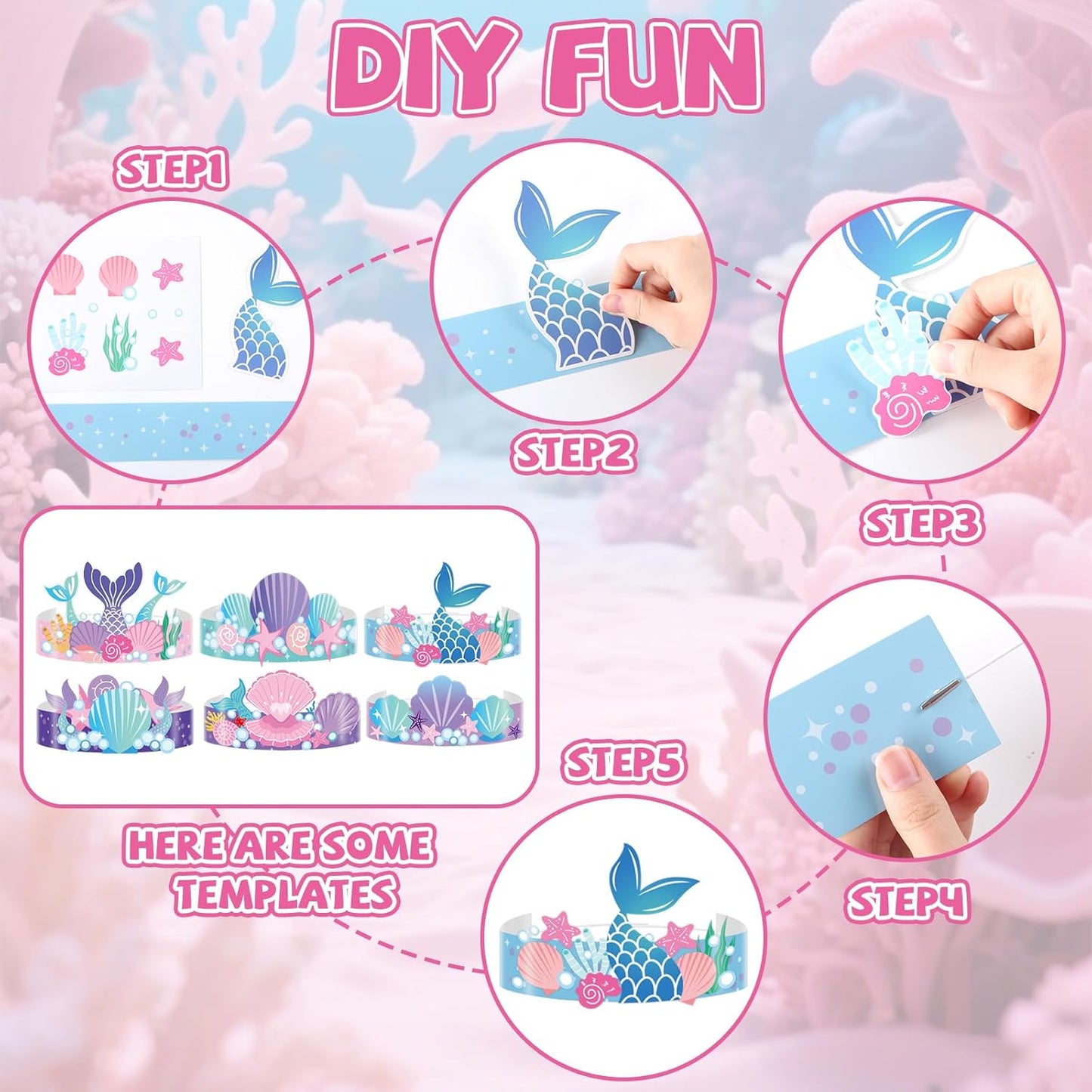 Qyeahkj 24 Pcs Mermaid Birthday Party Crowns Under the Sea Ocean DIY Crown Craft Kits Art Set Paper Mermaid Party Favor Hats Paper Princess Headband Making Kit Party Decorations Supplies for