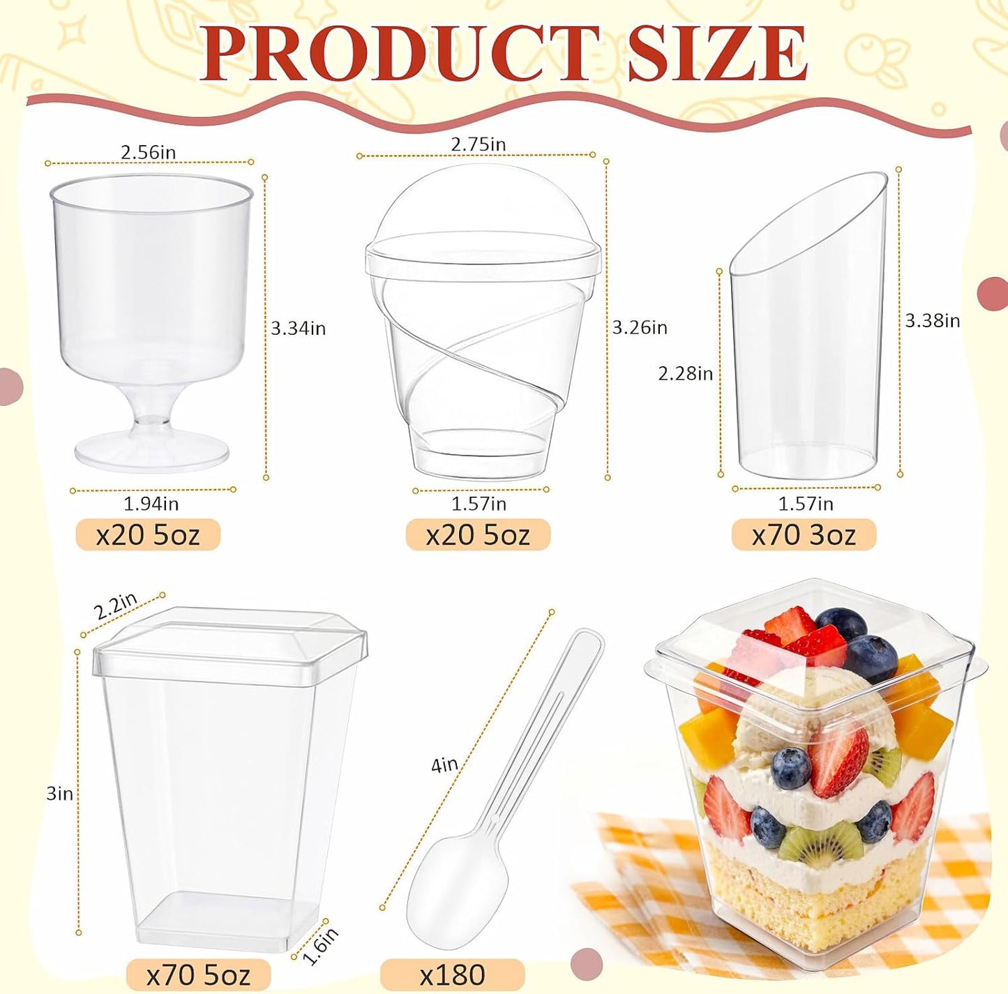 320-Pack Dessert Cups with Spoons 5 oz Mini Plastic Dessert Cups for Party Yogurt Parfait Jello Fruit Appetizer Cocktail Small Clear Reusable Square and Round Goblet-Shaped Dessert Bowls Shot Glasses