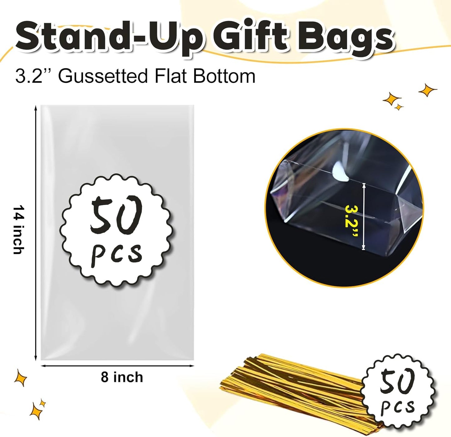 PigPotParty Cellophane Treat Bags 6x9 Inch, 50 Pack Clear Goodie Bags with Bottom Gusset for Stand-Up Display, Small Plastic Gift Wrap for Cookies, Candy, Party Favors, Popcorn, Includes 50 Gold Ties
