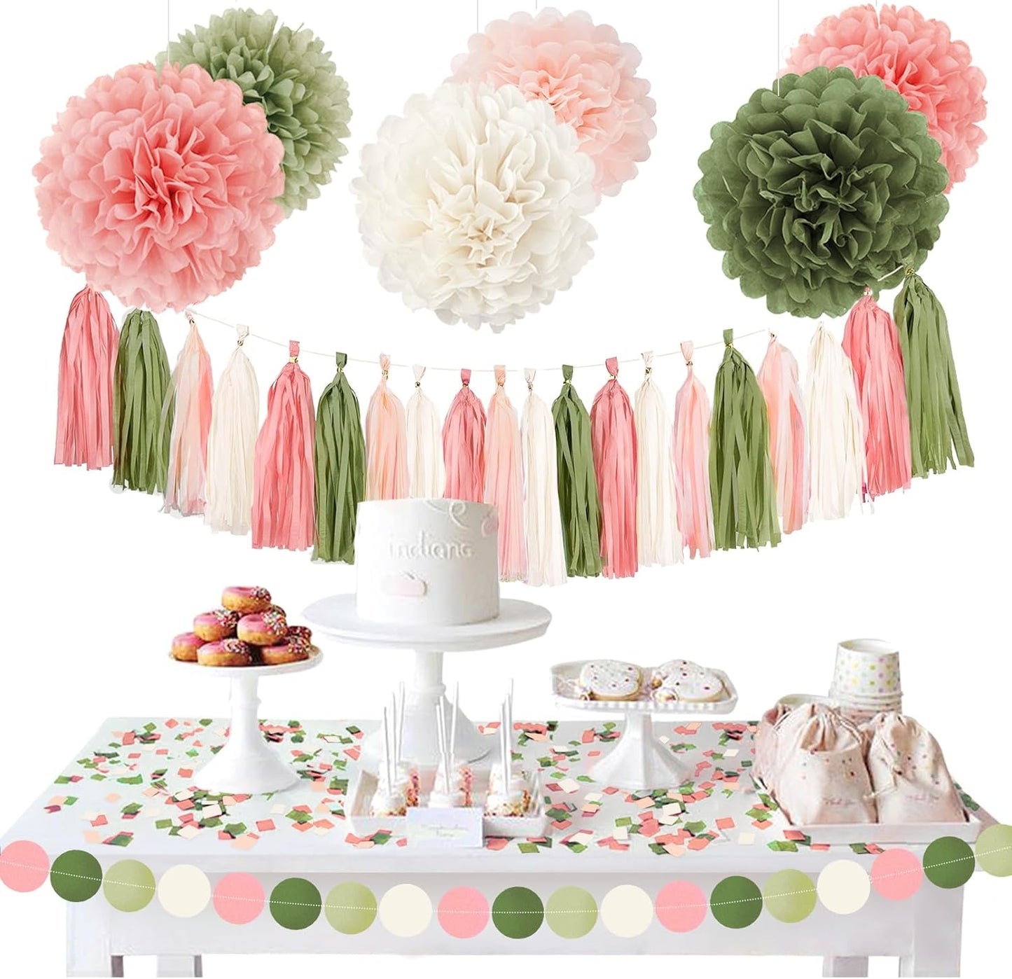 NICROHOME EUR Boho Wedding Decorations, 28PCS Rustic Neutral Creamy White Tissue Paper Pom Poms Tassel, Dots Paper Garland Decor Packages for Baby Shower Birthday Bridal Shower Party Table