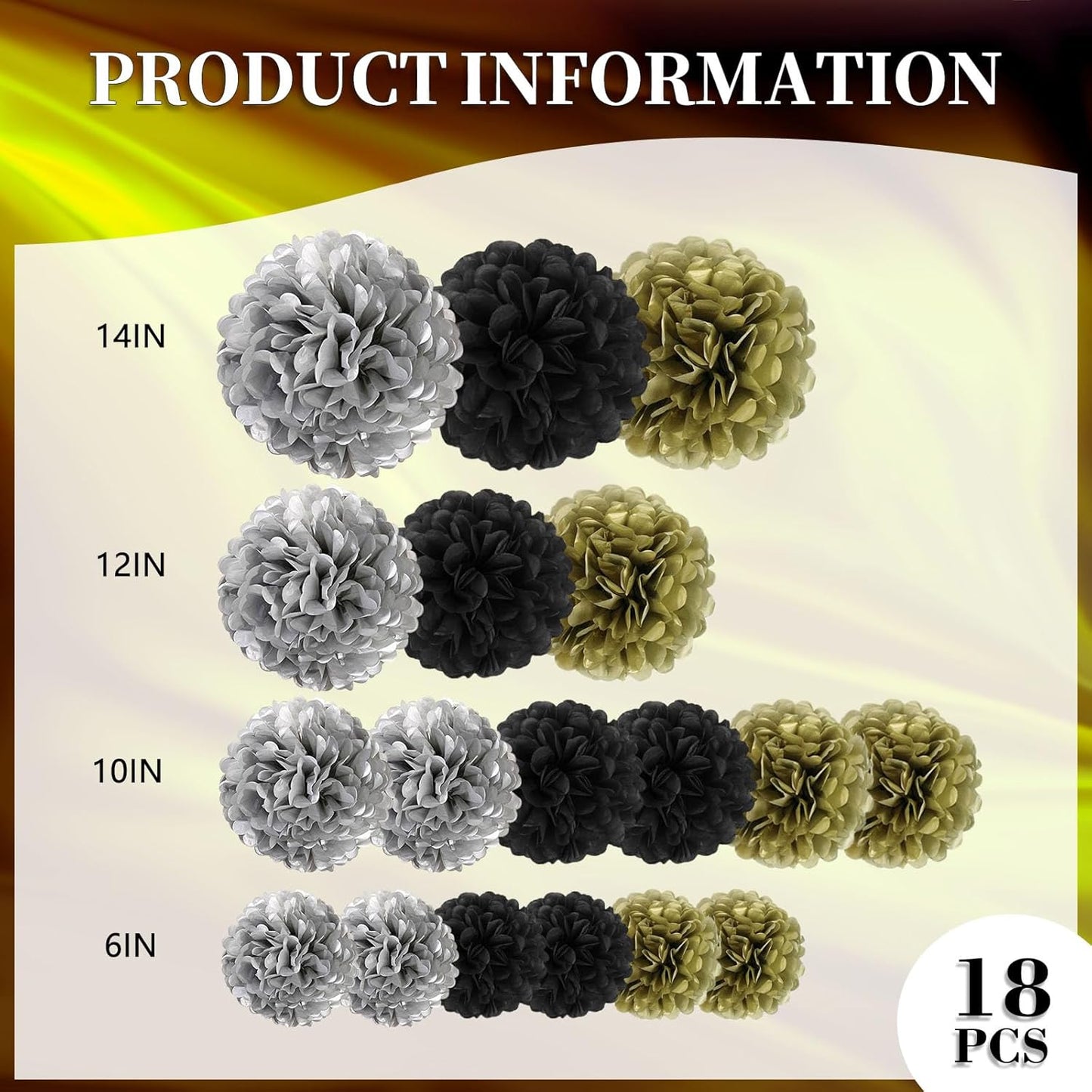 18 PCS Tissue Paper Pom Poms, Tissue Pom Poms Flowers, Sizes of 6", 10", 12", 14" Hanging Paper Flower Ball for Wedding, Birthday, Halloween, Christmas, Baby Shower Party Decor (Red Black Gold)