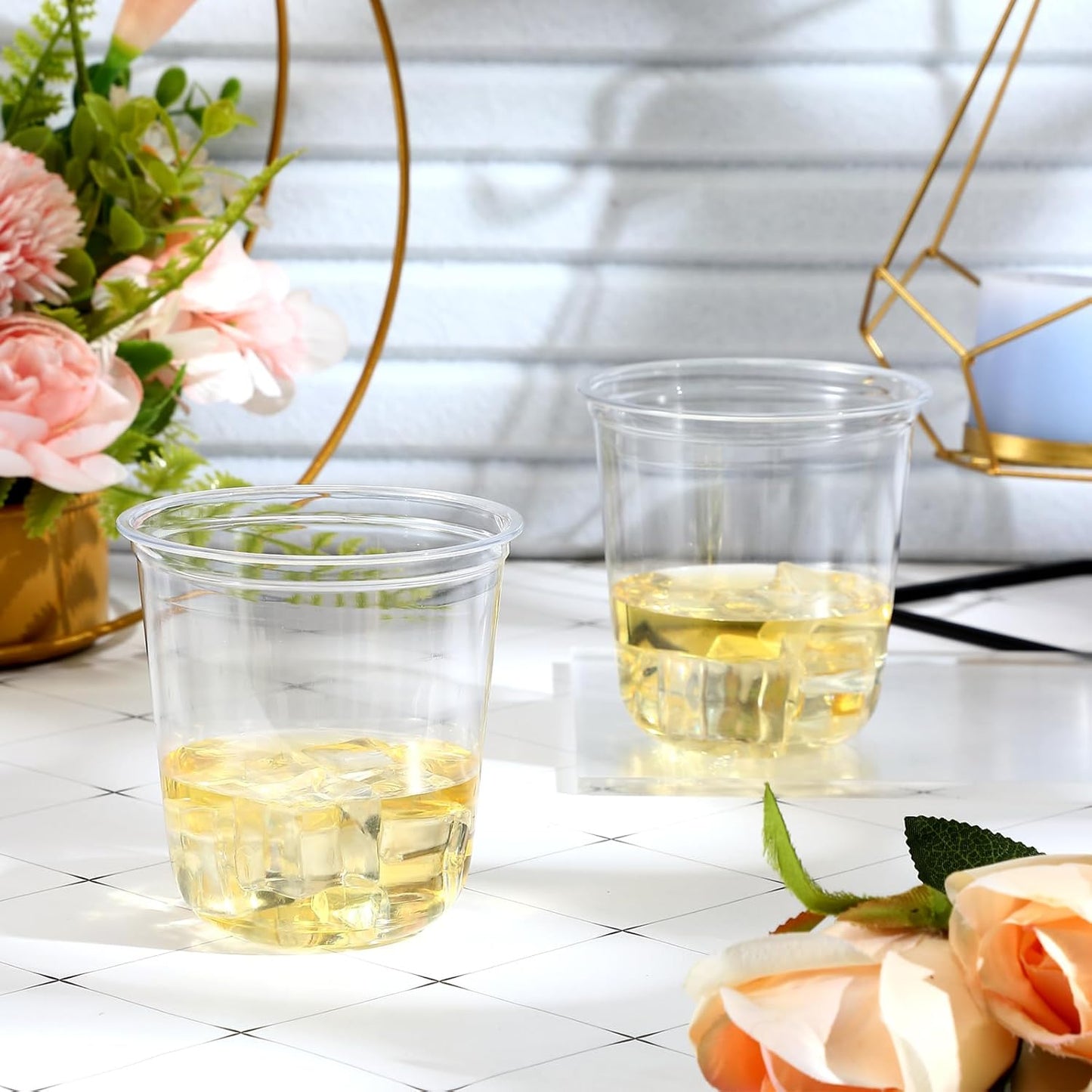 Ziliny 50 Pcs Disposable Stemless Glasses 12oz Crystal Plastic Wine Glasses Clear Classic Pet Cup for Meeting Weddings Birthdays Cocktail Christmas Party Supplies (Pink)