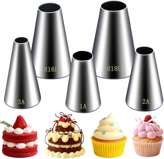 Hendiy 5 Pieces Large Round Piping Tip, Stainless Steel Piping Tips Professional Cake Decorating Tips Set, Frosting Tip Cake Icing Tools for Cupcakes Cakes Cookies