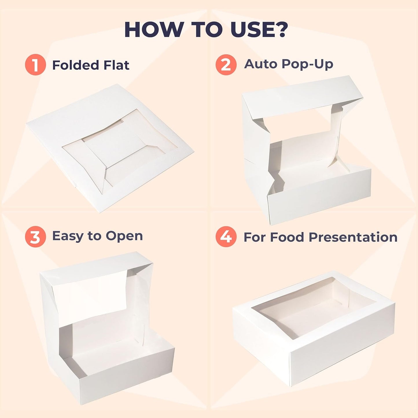 Fit Meal Prep 18 Pack 14 x 10 x 4 Inches White Bakery Boxes with Window, Auto-Popup Cardboard Gift Packaging and Baking Containers, Cupcake, Cookie and Loaf Bread Boxes