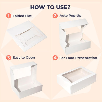 Fit Meal Prep 18 Pack 14 x 10 x 4 Inches White Bakery Boxes with Window, Auto-Popup Cardboard Gift Packaging and Baking Containers, Cupcake, Cookie and Loaf Bread Boxes