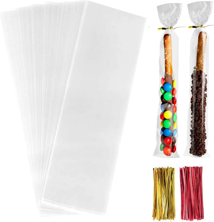 Cello Cellophane Treat Bags,5x7 Inches Clear Cellophane Bags 200 Pcs OPP Plastic Treat Bags with 200 Twist Ties for Gift Wrapping,Packaging Candies,Dessert,Bakery, Cookies, Chocolate,Party Favor
