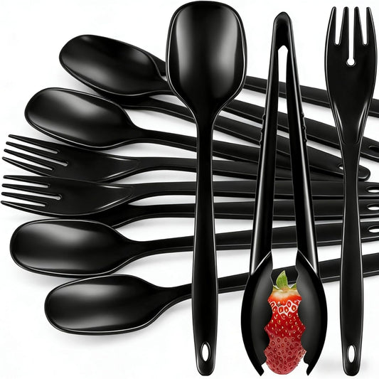 30PCS Disposable Plastic Serving Utensils for Parties, Buffet Serving Utensils Set-10 Black Plastic Serving Spoons, 10 Tongs and 10 Forks for Catering, Entertaining and Parties