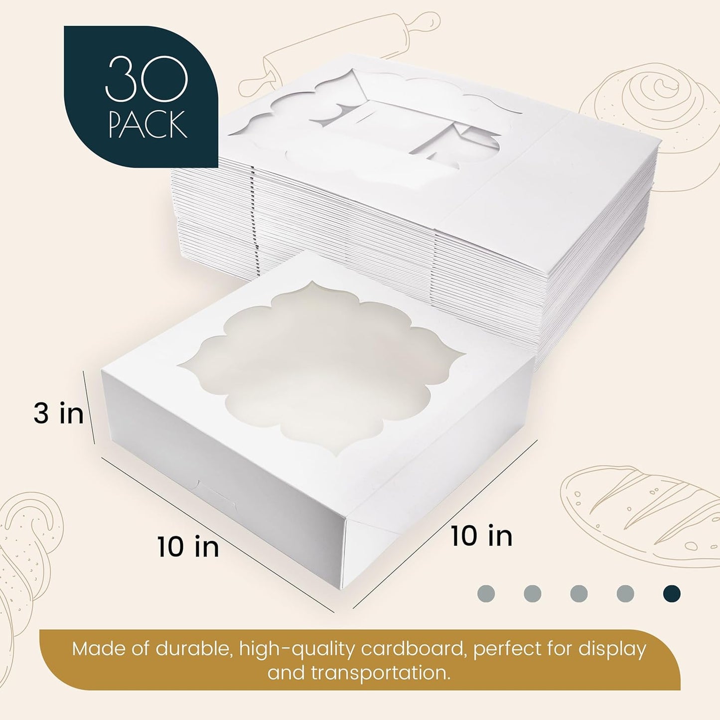NPLUX 30 Pack Pie Boxes with Window 10x10x3 in Bakery Boxes Perfect for Pies, Cheesecake, Cookies, Muffins and Chocolate Covered Strawberries (White)