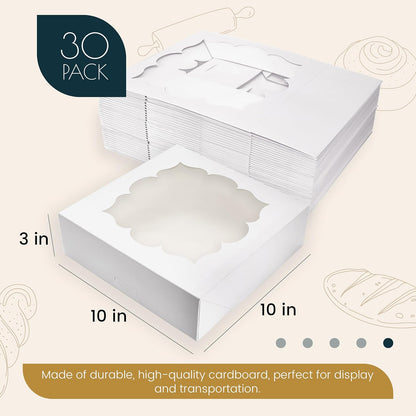 NPLUX 30 Pack Pie Boxes with Window 10x10x3 in Bakery Boxes Perfect for Pies, Cheesecake, Cookies, Muffins and Chocolate Covered Strawberries (White)