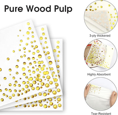 100 Pcs Gold Cocktail Napkins, 3-Ply Party Paper Napkins, 5 x 5 Inches Bar Napkin Disaposable for Weddings, Birthdays, Baby Showers, Anniversaries, and Cocktail Parties (White)