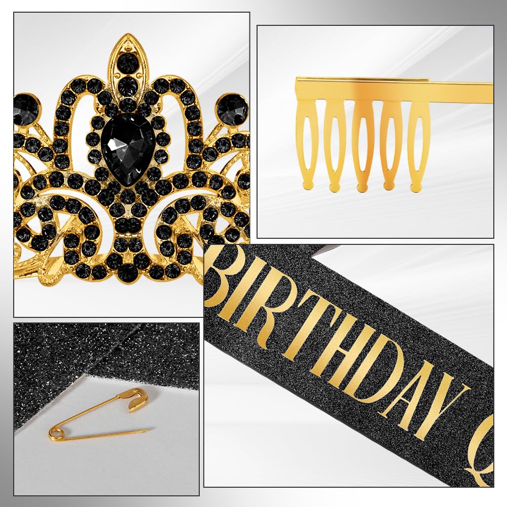 Birthday Sash for Women,Birthday Crown Tiaras for Women,Gold Rhinestone Queen Sash and Crown Tiara Headband for Party Decorations