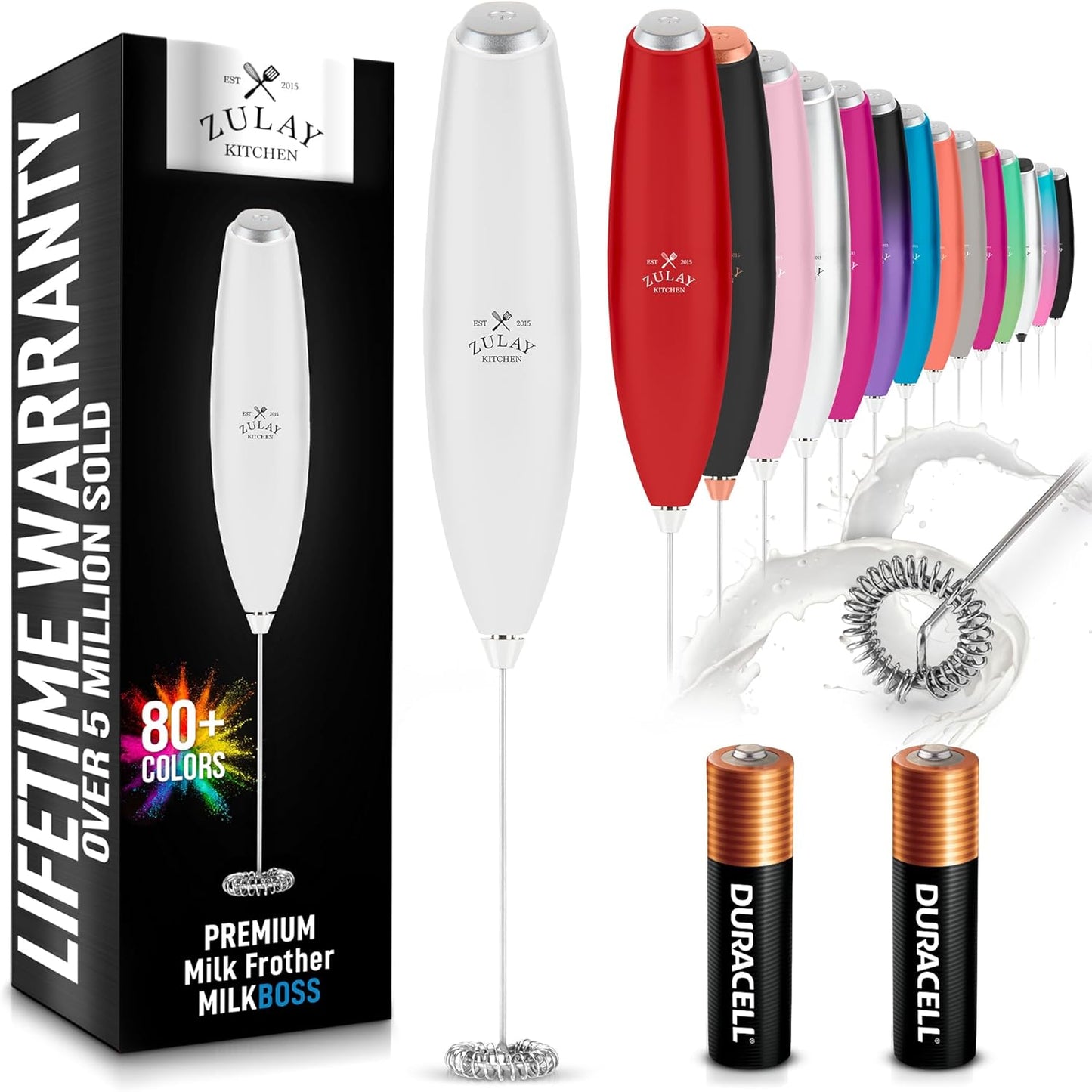Zulay Kitchen Powerful Milk Frother AA Batteries Included – Ultra Fast Handheld Drink Mixer with Stainless Steel Whisk Stirrer for Coffee, Protein, Matcha & More, Frother Wand Electric Frothmate Black - Colors E