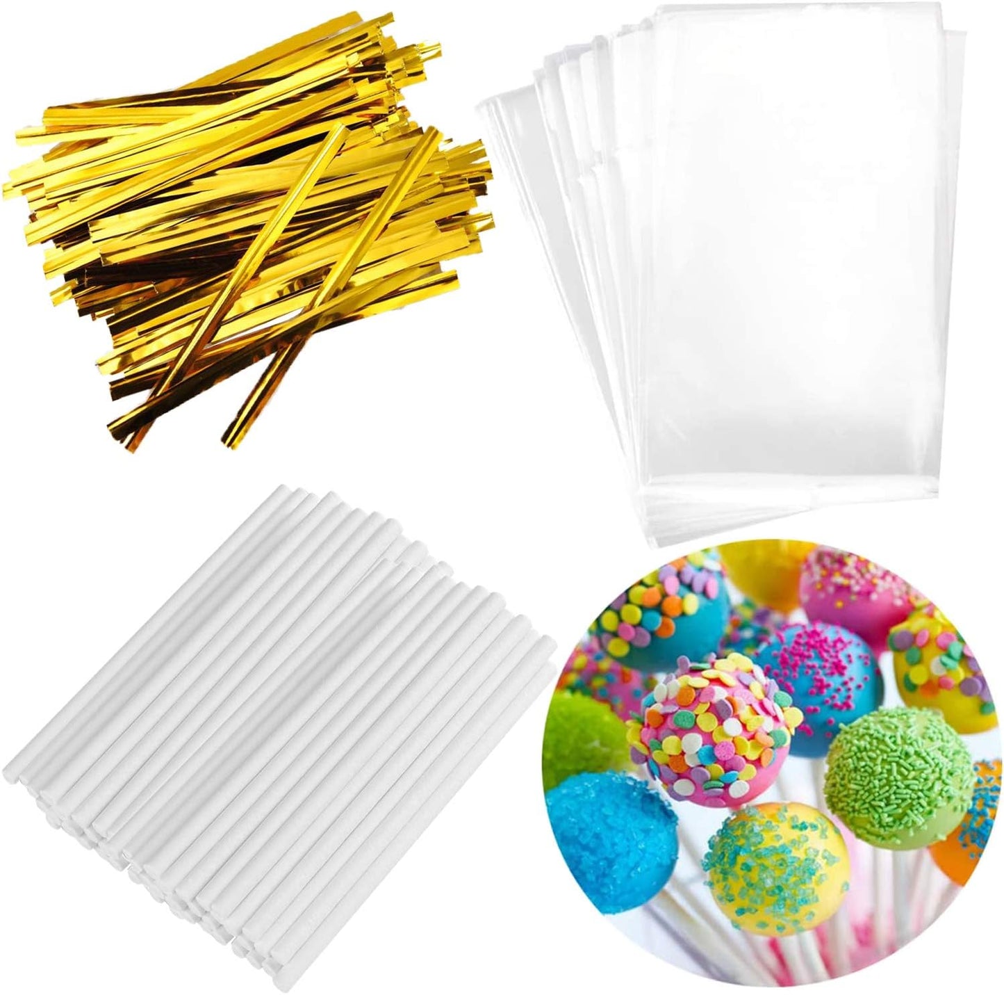 300PCS Lollipop Cake Pop Treat Bag Set Including 100pcs Parcel Bags, Papery Treat Sticks, Gold Metallic Twist Ties for Making Candies, Chocolates and Cookies