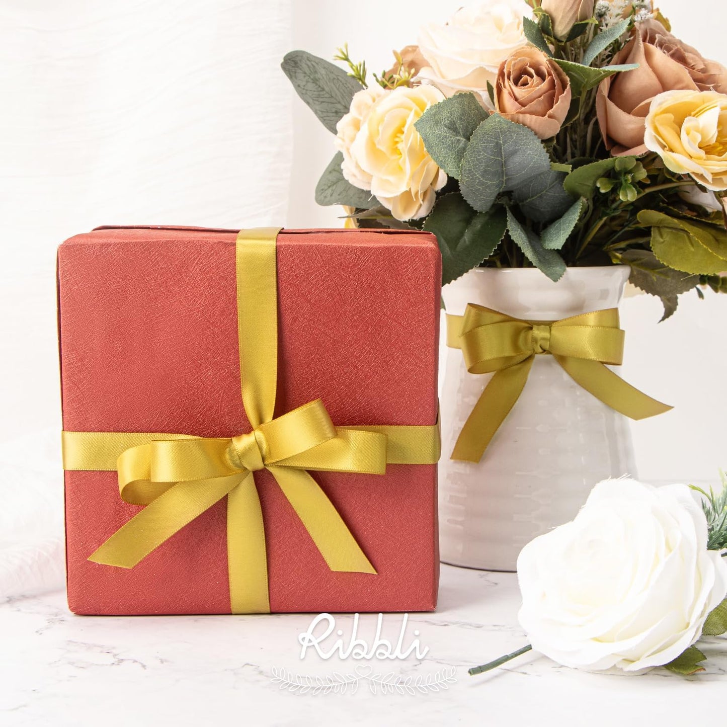 Ribbli Double Faced White Satin Ribbon,3/8” x Continuous 25 Yards,Fabric Ribbon use for Bows Bouquet,Gift Wrapping,Floral Arrangement